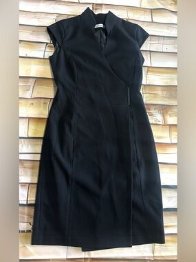 Calvin Klein Black Wrap Sheath Dress Sleeveless Collared Midi